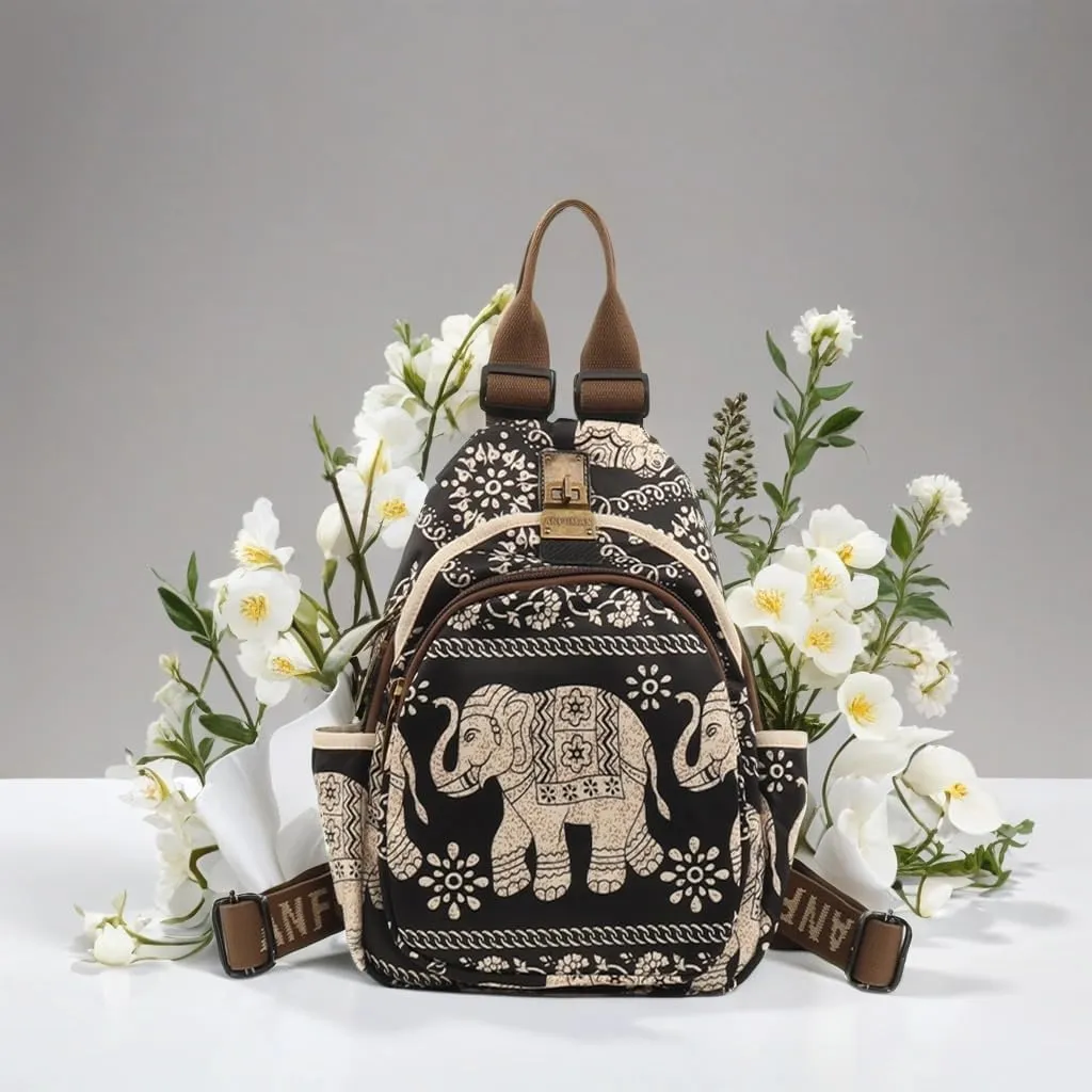 Small Backpacks Purse for Women Mini Waterproof Colorful Print Leisure Travel Bags (Black elephant)