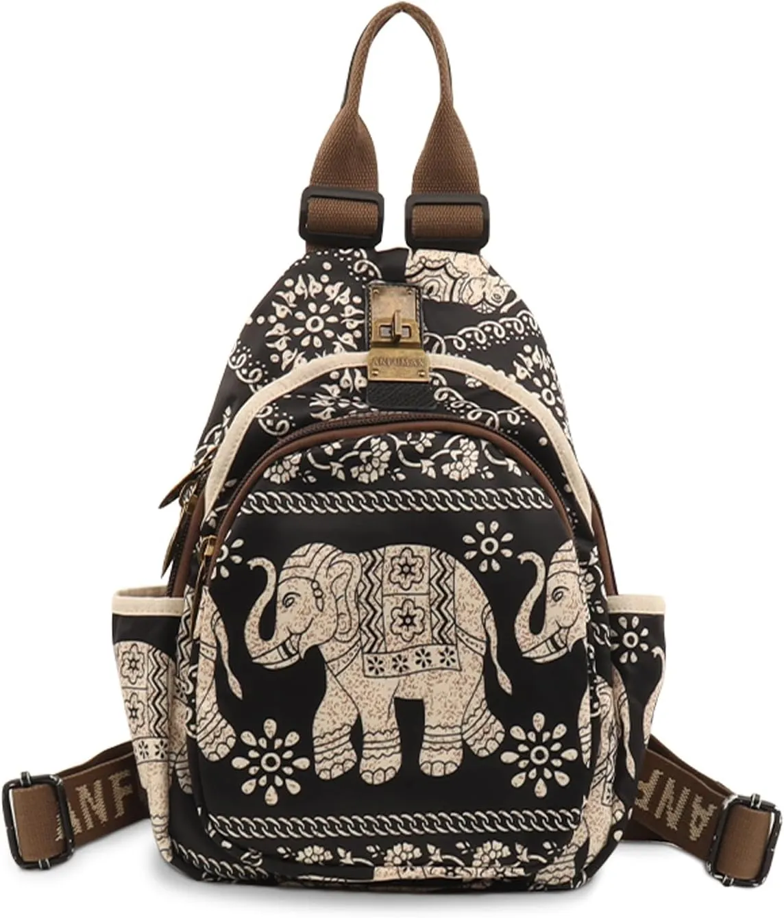 Small Backpacks Purse for Women Mini Waterproof Colorful Print Leisure Travel Bags (Black elephant)