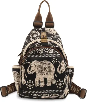 Small Backpacks Purse for Women Mini Waterproof Colorful Print Leisure Travel Bags (Black elephant)