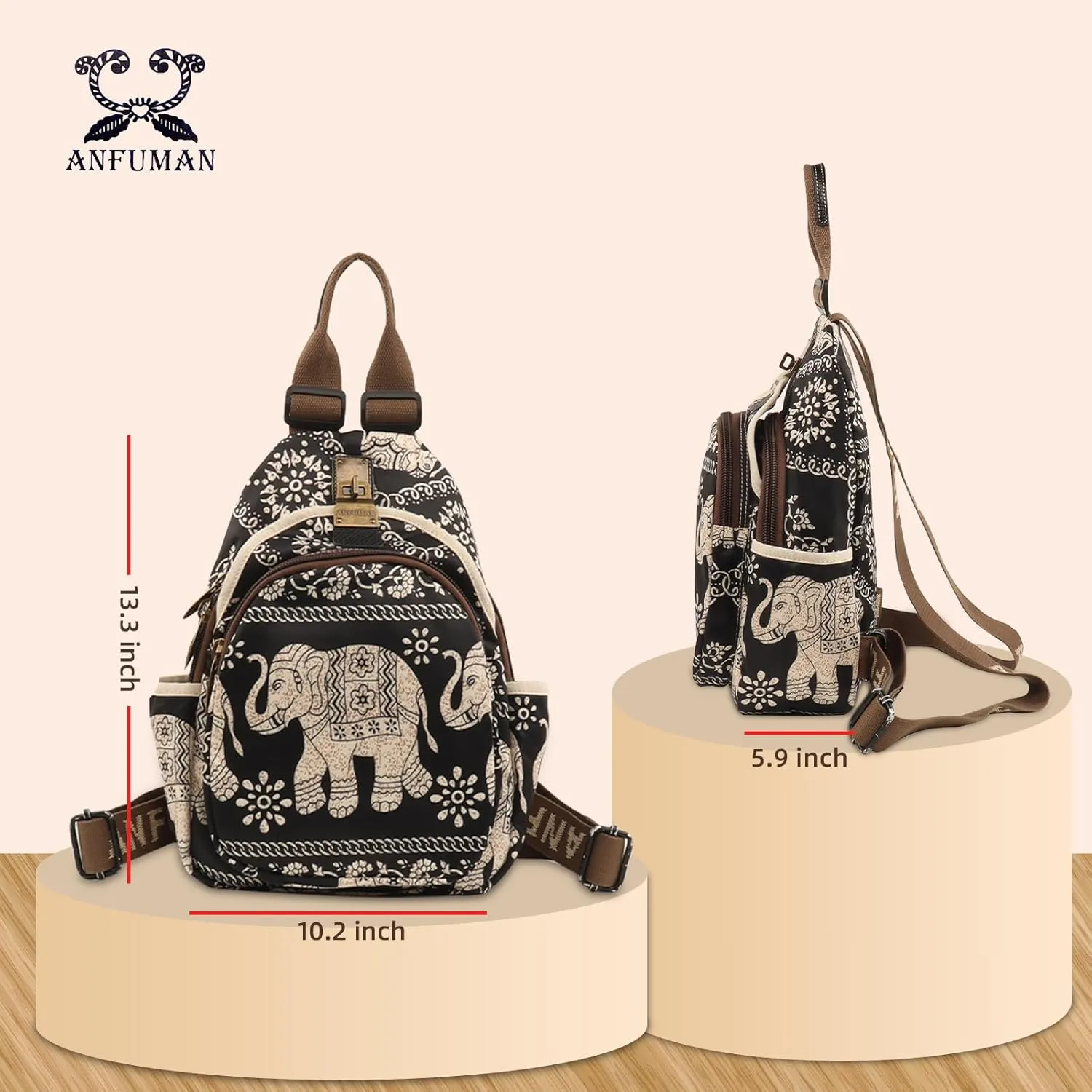 Small Backpacks Purse for Women Mini Waterproof Colorful Print Leisure Travel Bags (Black elephant)