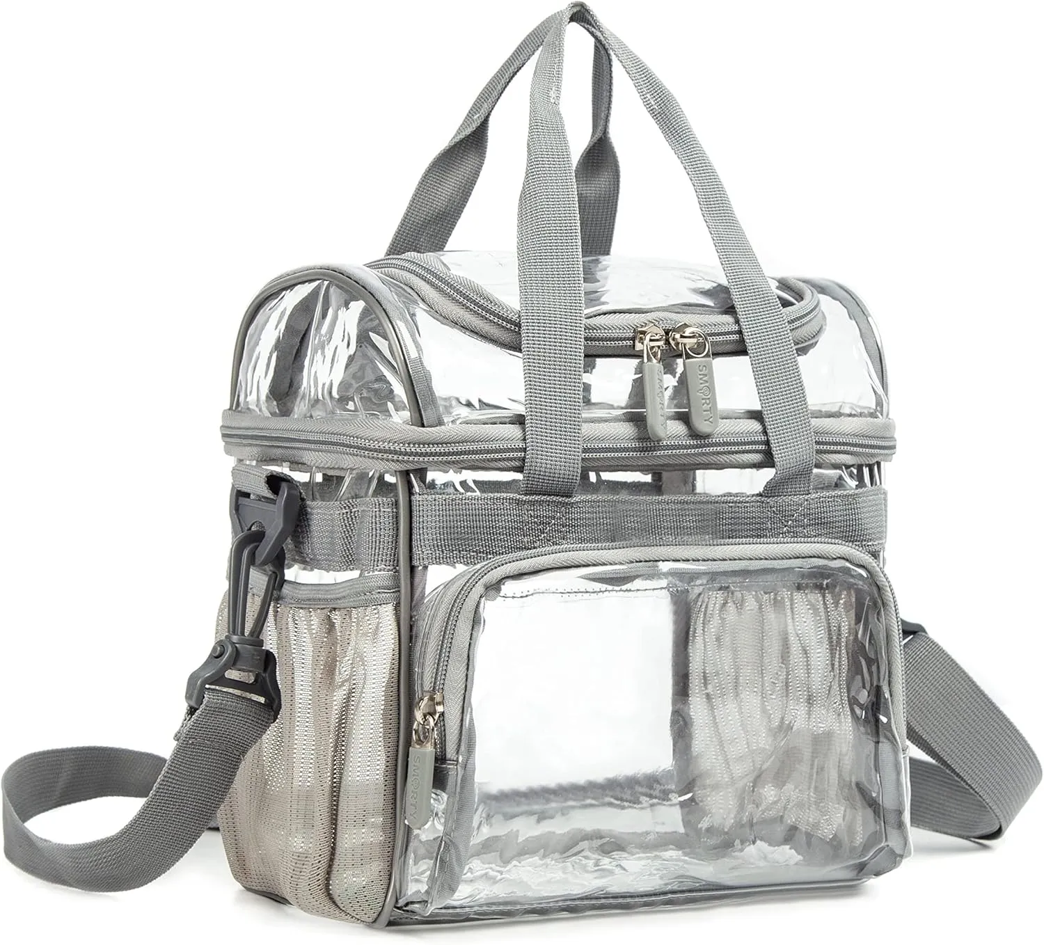 Small Clear Lunch Tote Heavy Duty Stadium Bag Approved Durable Crossbody Makeup Cosmetic Box for Men Women Work (Silver Gray, 10 x 9.5 x 6)