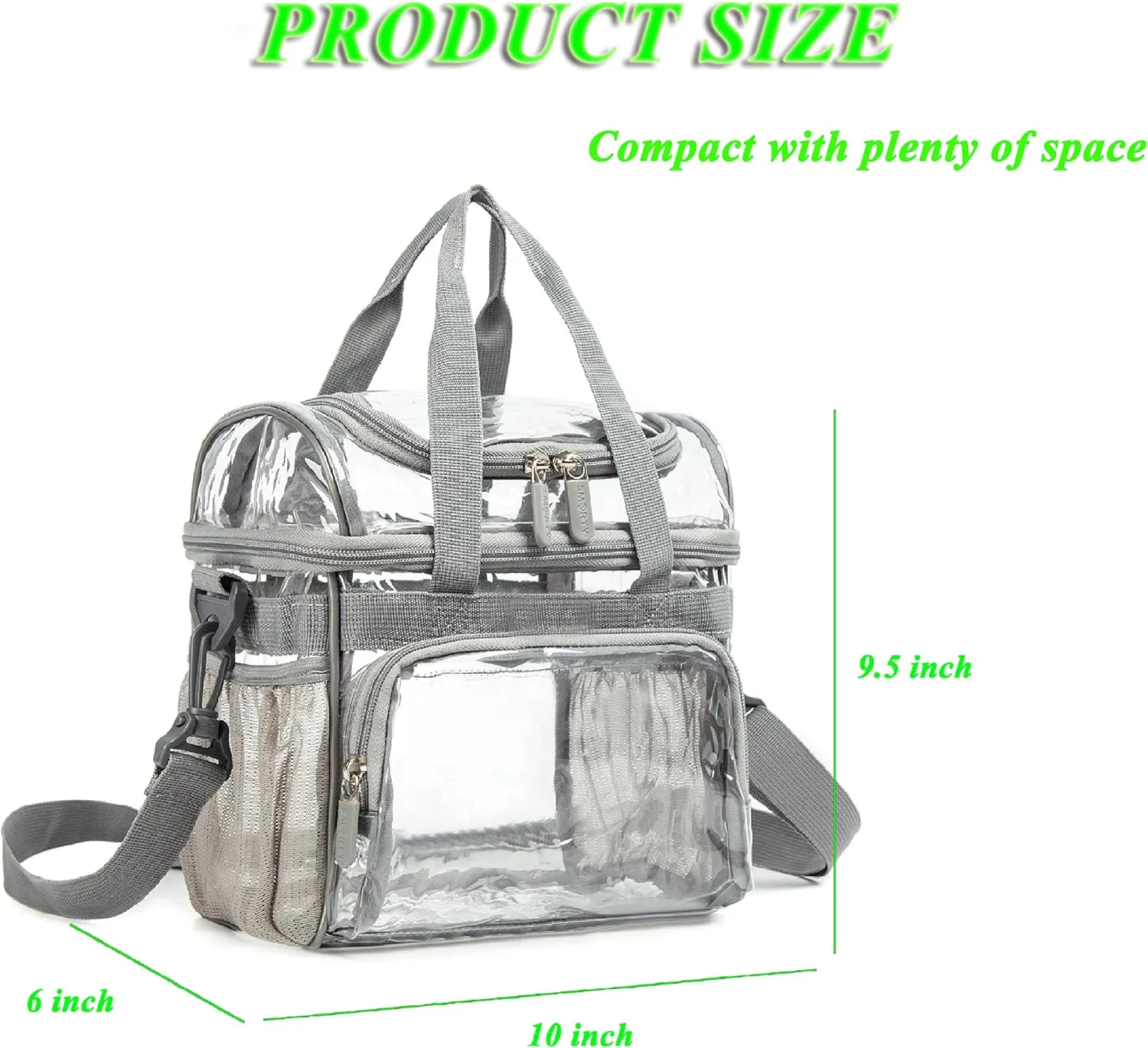 Small Clear Lunch Tote Heavy Duty Stadium Bag Approved Durable Crossbody Makeup Cosmetic Box for Men Women Work (Silver Gray, 10 x 9.5 x 6)