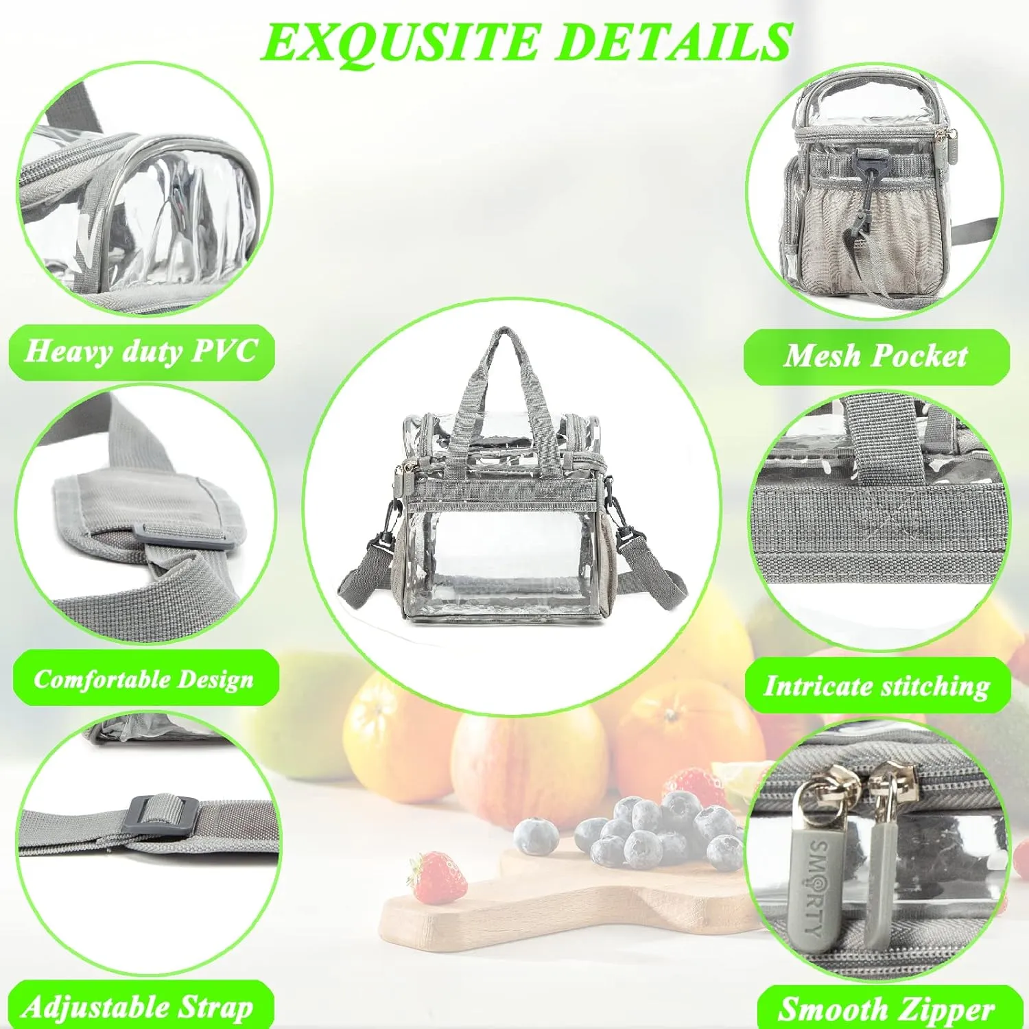 Small Clear Lunch Tote Heavy Duty Stadium Bag Approved Durable Crossbody Makeup Cosmetic Box for Men Women Work (Silver Gray, 10 x 9.5 x 6)