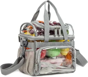 Small Clear Lunch Tote Heavy Duty Stadium Bag Approved Durable Crossbody Makeup Cosmetic Box for Men Women Work (Silver Gray, 10 x 9.5 x 6)