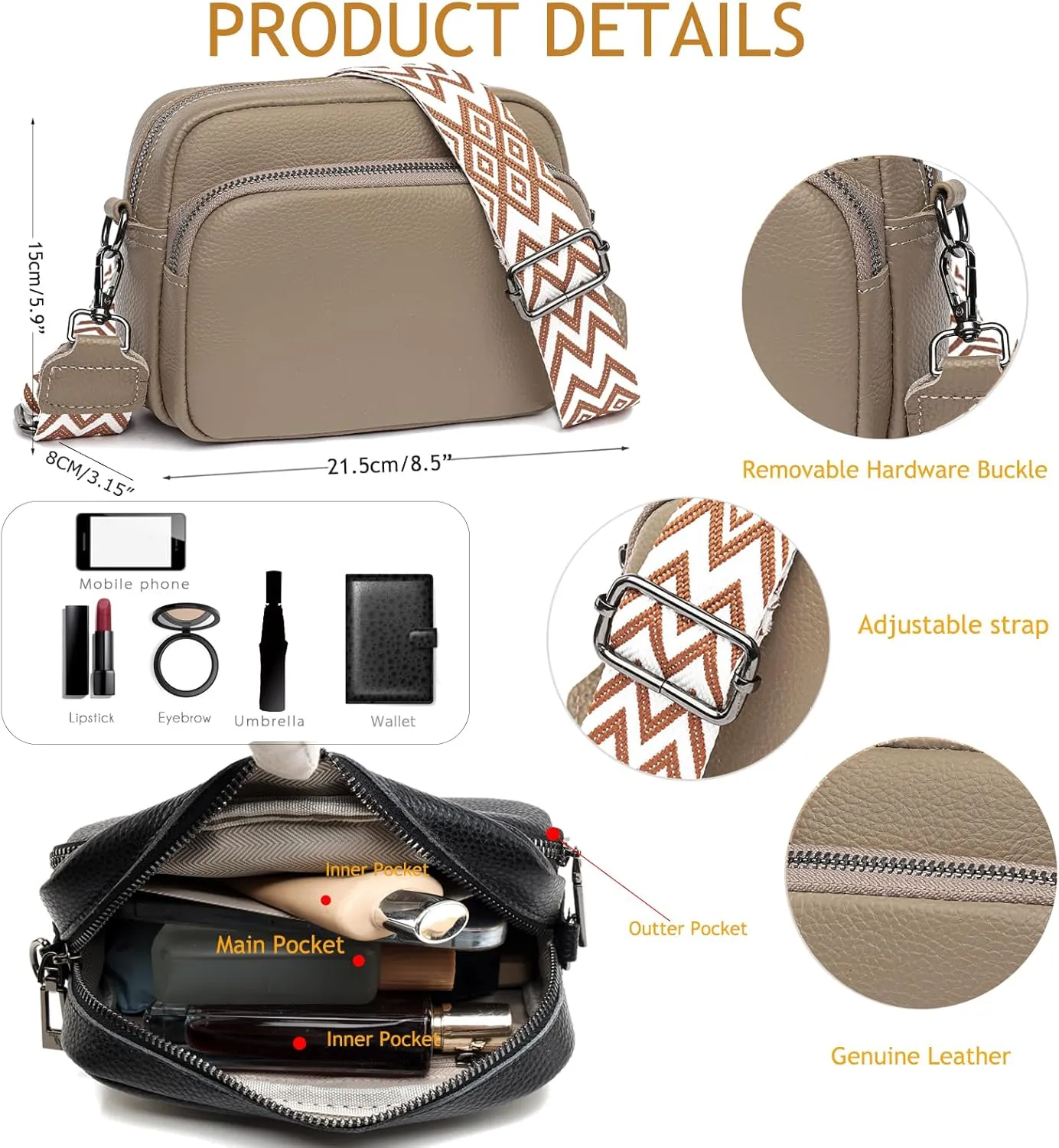 Small Crossbody Bag for Women Genuine leather Crossbody Purses with Wide Guitar Strap Shoulder Handbag Satchel