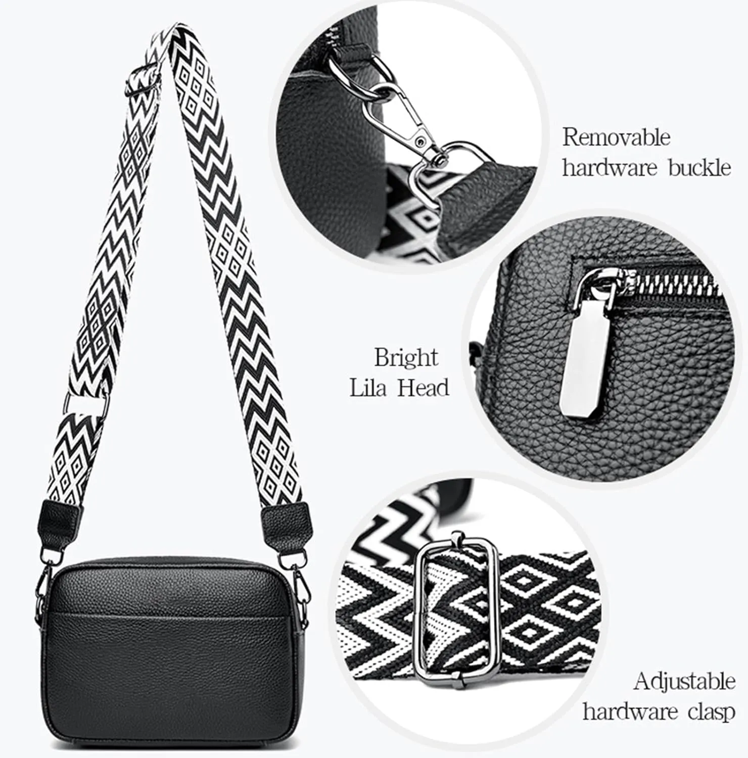Small Crossbody Bag with Wide Guitar Strap Camera Purse Shoulder Handbag Satchel
