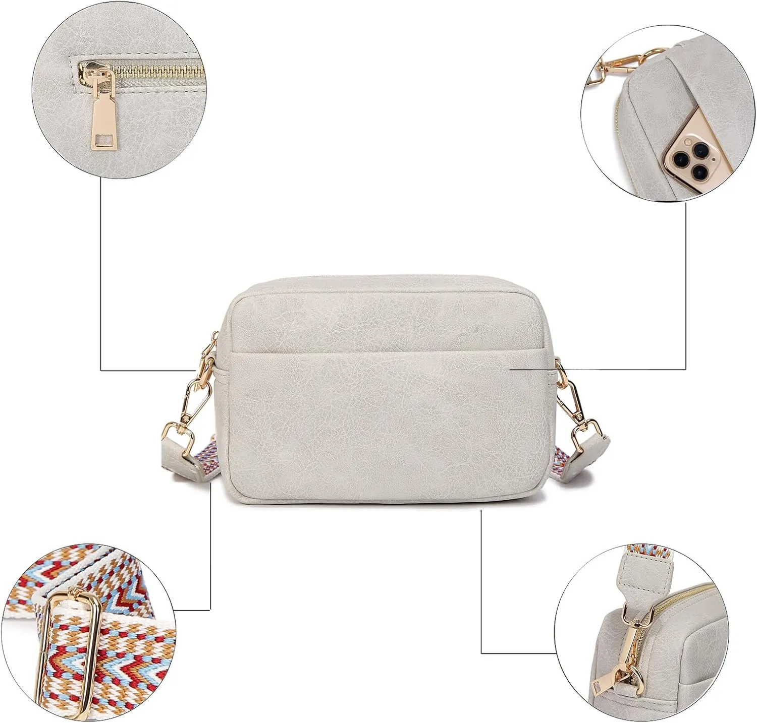 Small Crossbody Bag with Wide Guitar Strap Camera Purse Shoulder Handbag Satchel