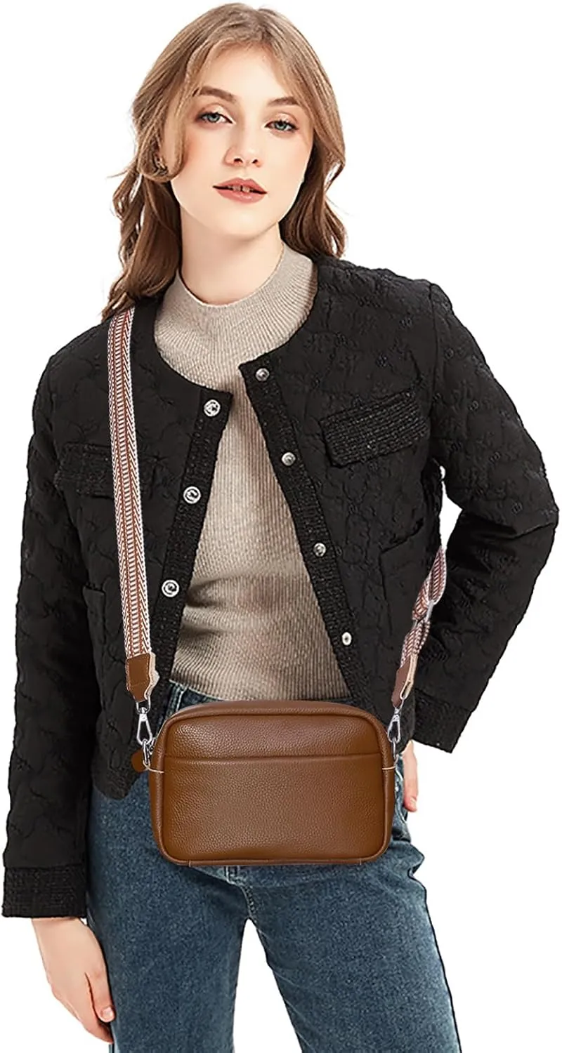 Small Crossbody Bags for Women Genuine Leather, Guitar Strap Shoulder Handbag Purse Camera Bag with Rfid Card Slots