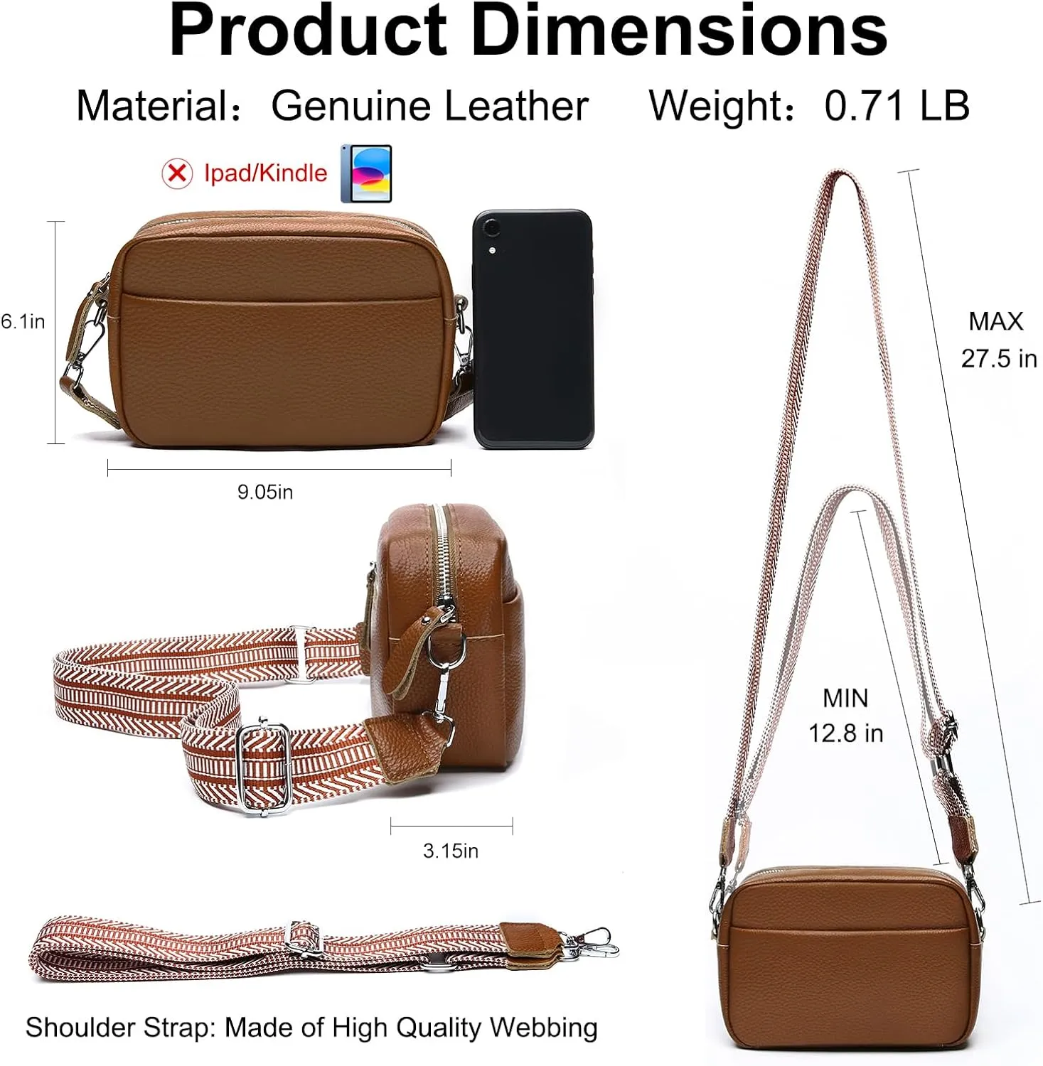 Small Crossbody Bags for Women Genuine Leather, Guitar Strap Shoulder Handbag Purse Camera Bag with Rfid Card Slots