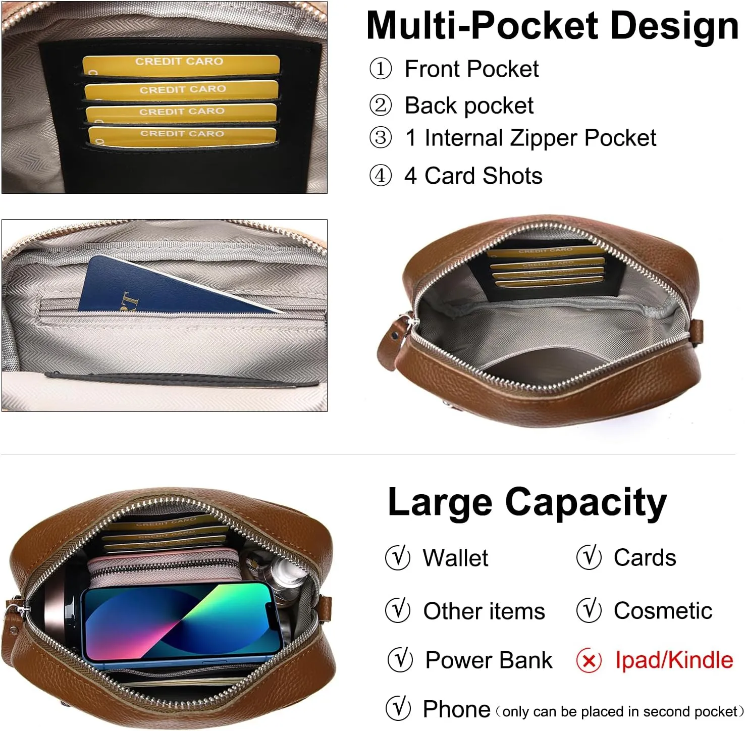 Small Crossbody Bags for Women Genuine Leather, Guitar Strap Shoulder Handbag Purse Camera Bag with Rfid Card Slots