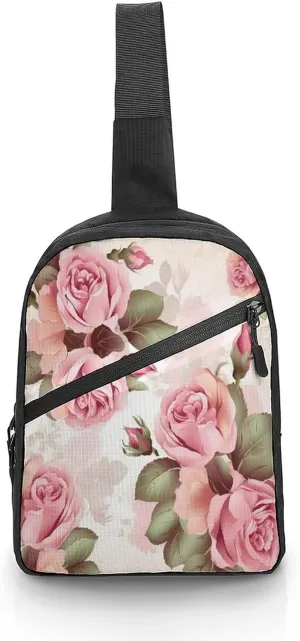 Small Sling Chest Bag Crossbody Bag for Men Women,Rose Floral Lightweight Gym Daypack for Travel Cycling Hiking