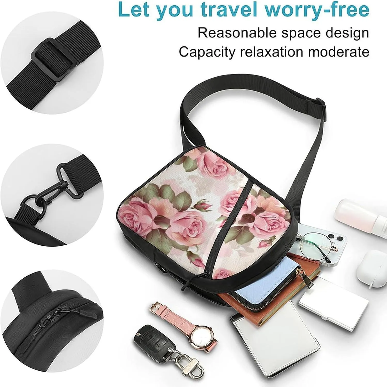 Small Sling Chest Bag Crossbody Bag for Men Women,Rose Floral Lightweight Gym Daypack for Travel Cycling Hiking