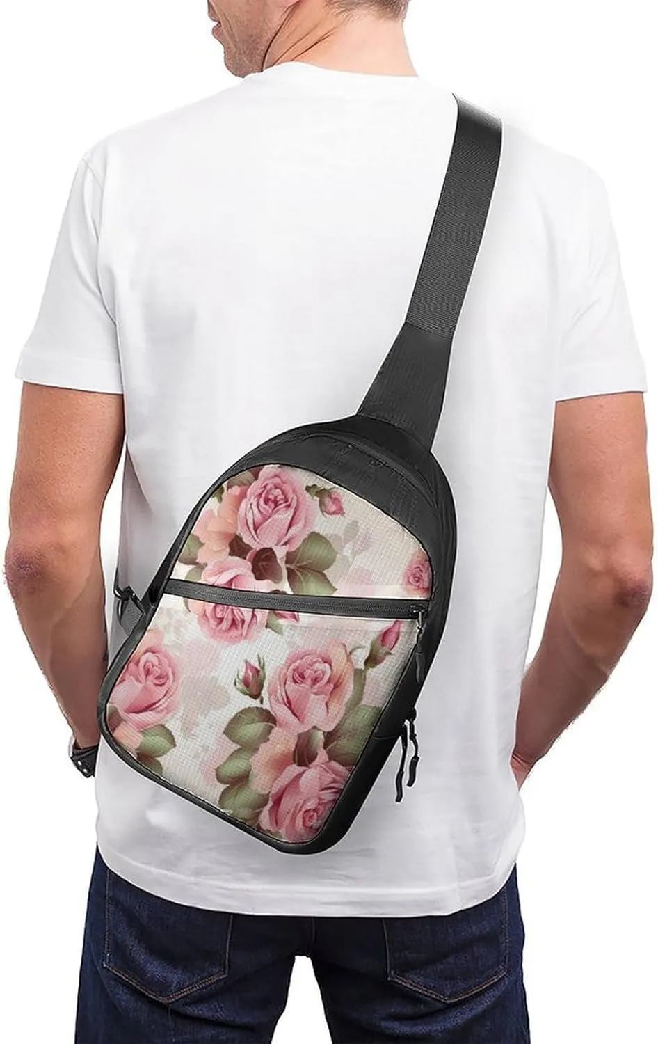 Small Sling Chest Bag Crossbody Bag for Men Women,Rose Floral Lightweight Gym Daypack for Travel Cycling Hiking