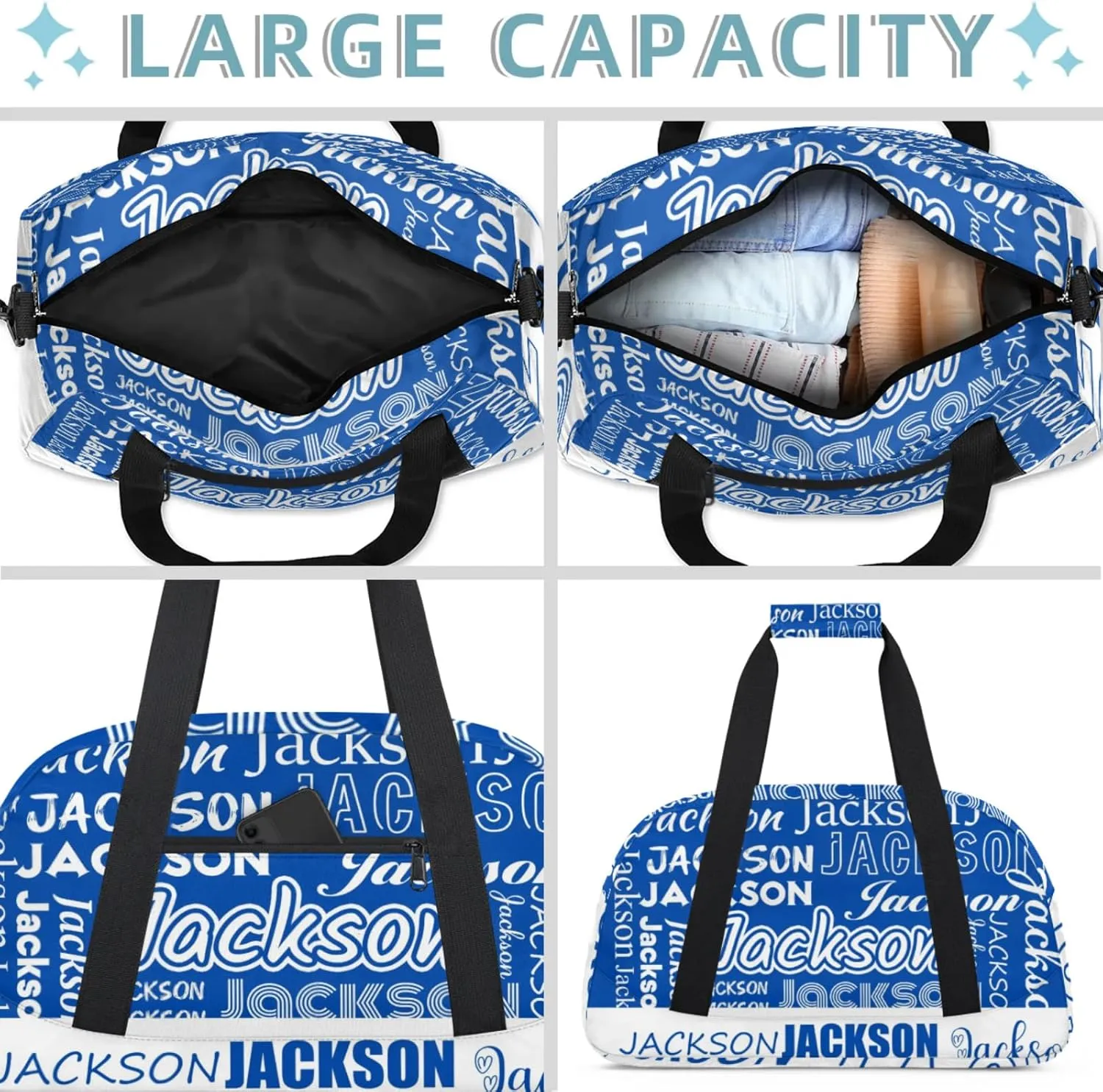 Small Sports Duffle Bag for Women Men Lightweight Custom Luggage Overnight Bag for Travel Fitness Workout Cobalt Blue White