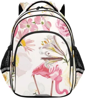 Small Travel Backpacks for Women Men - Pink Flamingo Exotic Flowers Casual Daypack Lightweight Laptop Backpack Durable Shoulder Bag