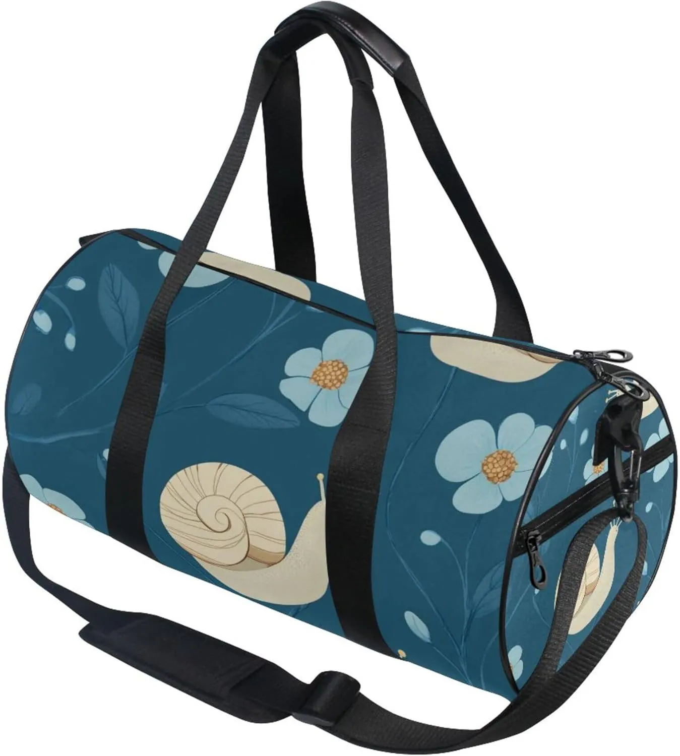 Snail and Blue Flowers Cartoon Gym Duffle Bag Women Men Sports Fitness Bag for Travel Workout Gymnastics Dance Ballet