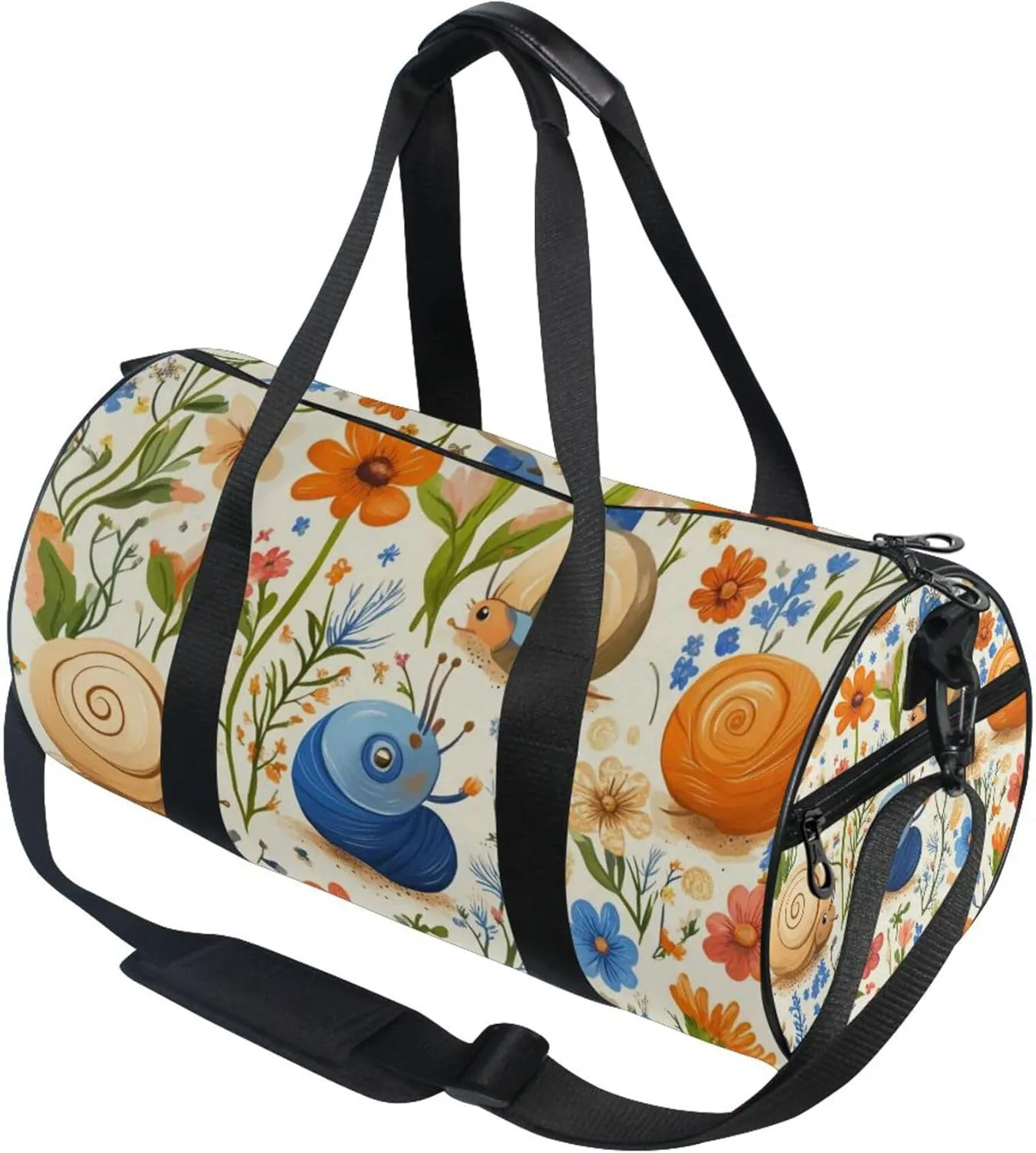 Snails and Floral Flowers Gym Duffle Bag Women Men Sports Fitness Bag for Travel Workout Gymnastics Dance Ballet