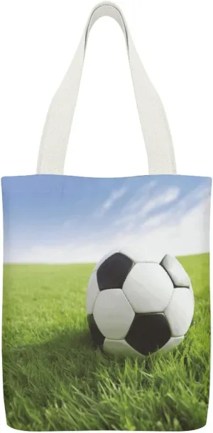 Soccer Ball On Grassy Canvas Tote Bag Reusable Grocery Shopping Bags Plain Tote Bag for Beach Trips Work