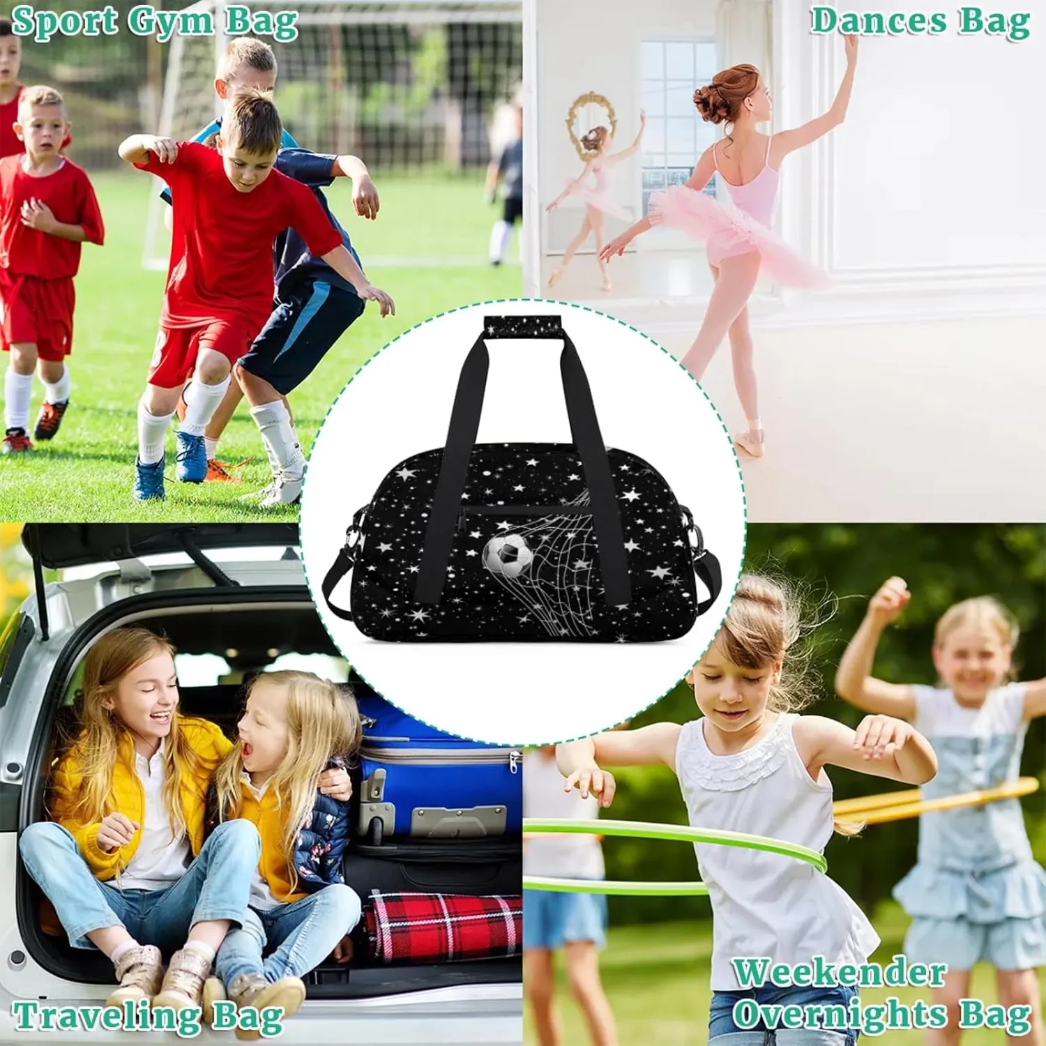 Soccer Sports Duffel Bag, Weekender Gymnastics Training Bag for Men Traveling Business Trip, Soccer Goal Stars Pattern Black