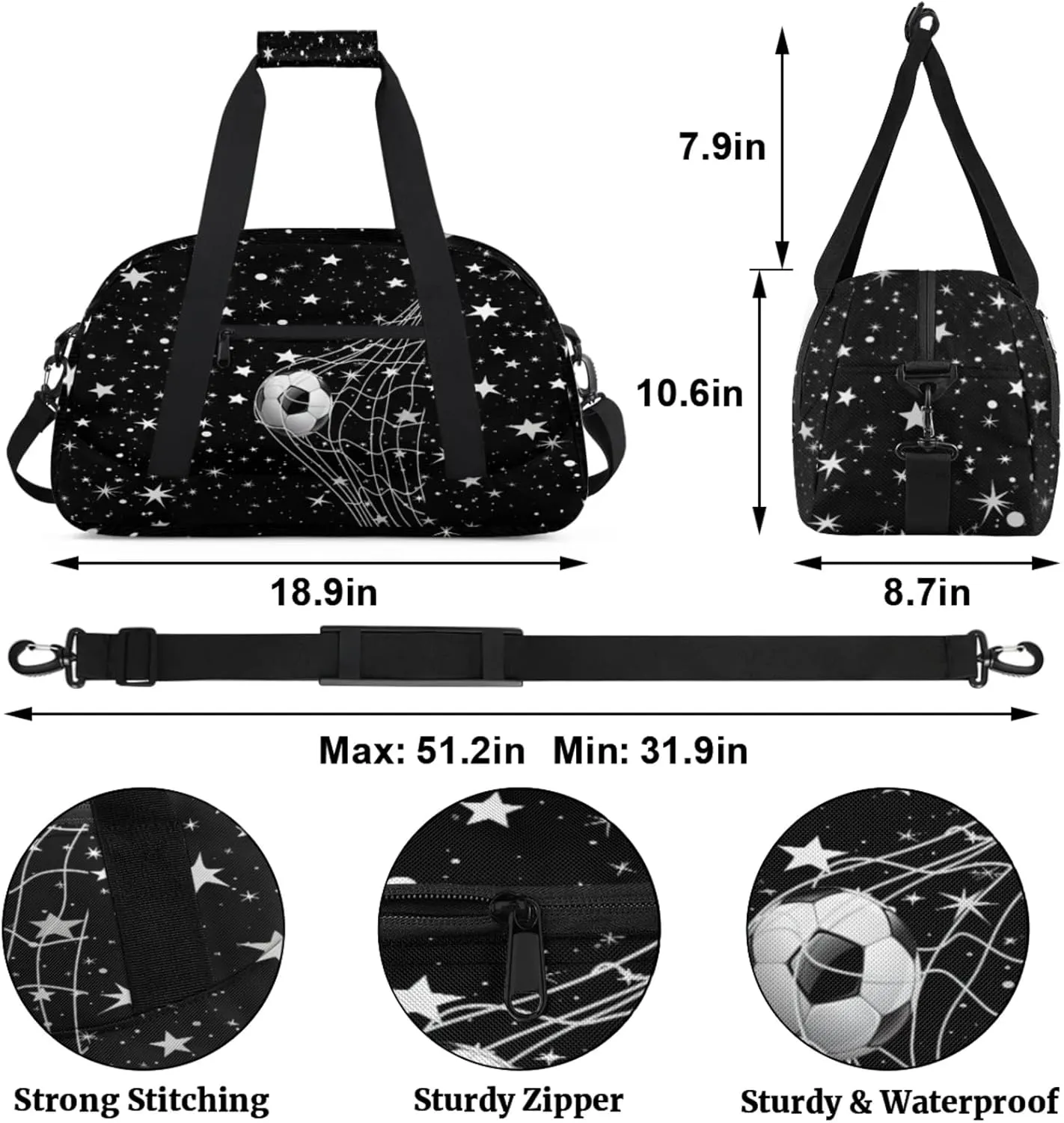 Soccer Sports Duffel Bag, Weekender Gymnastics Training Bag for Men Traveling Business Trip, Soccer Goal Stars Pattern Black