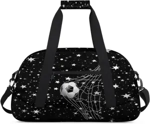 Soccer Sports Duffel Bag, Weekender Gymnastics Training Bag for Men Traveling Business Trip, Soccer Goal Stars Pattern Black