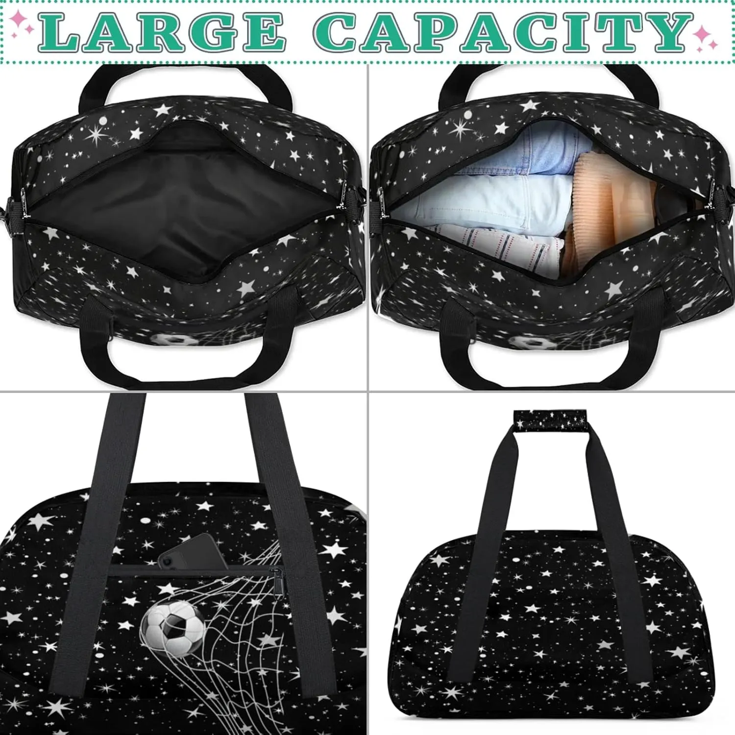 Soccer Sports Duffel Bag, Weekender Gymnastics Training Bag for Men Traveling Business Trip, Soccer Goal Stars Pattern Black