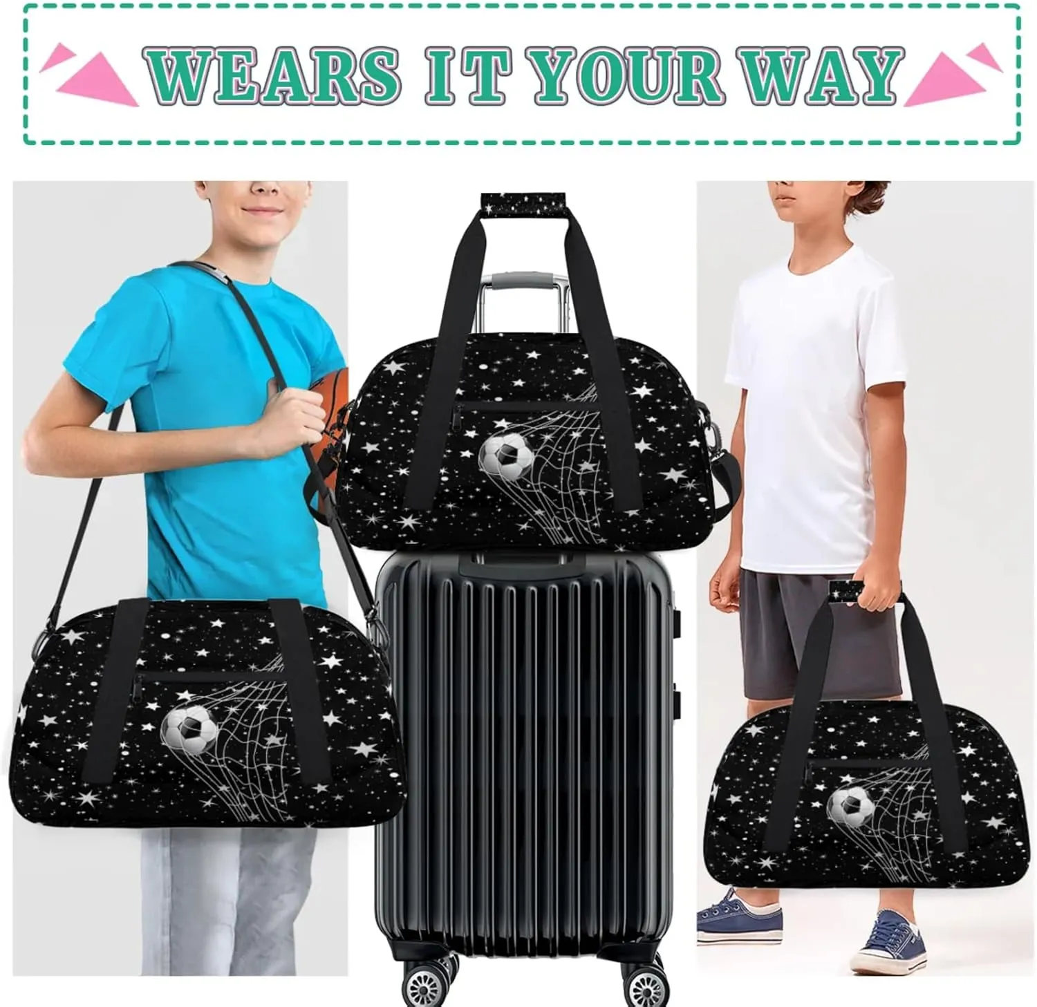 Soccer Sports Duffel Bag, Weekender Gymnastics Training Bag for Men Traveling Business Trip, Soccer Goal Stars Pattern Black