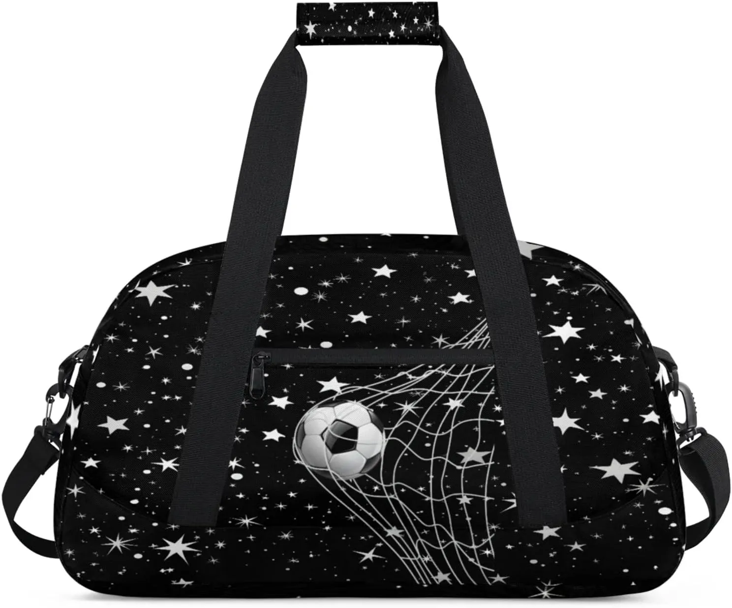 Soccer Sports Duffel Bag, Weekender Gymnastics Training Bag for Men Traveling Business Trip, Soccer Goal Stars Pattern Black