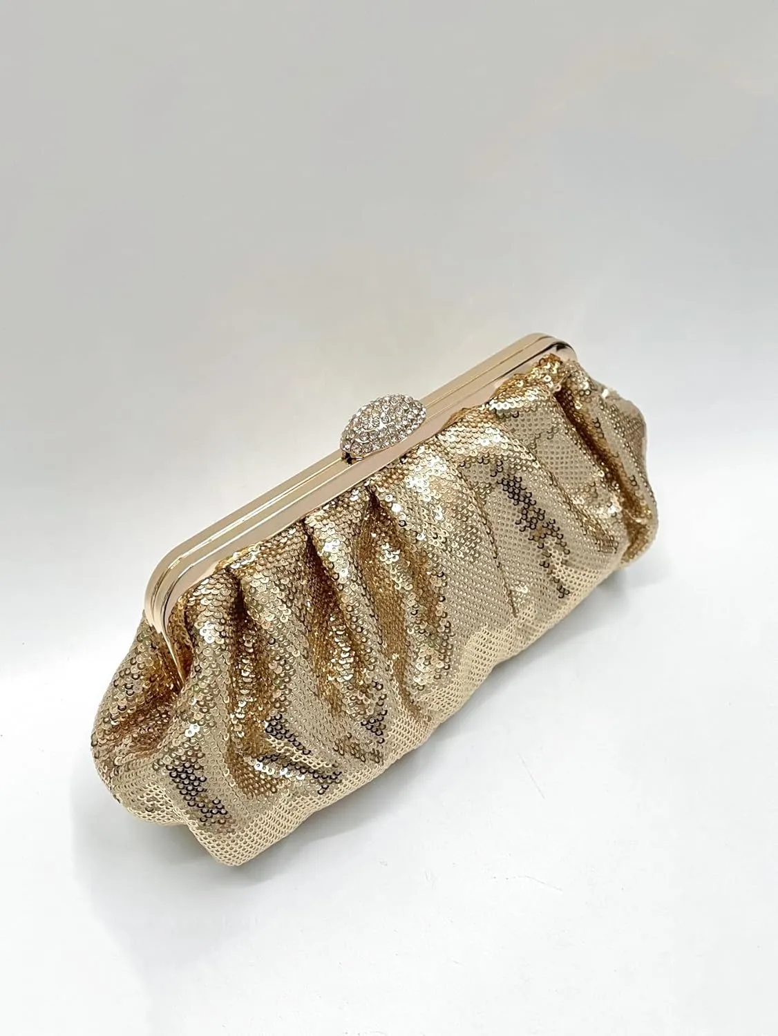 Solid Color Fish Scale Sequins Pleated Clutch Bag Hardware With Rhinestones Shiny Crossbody Purse for Women