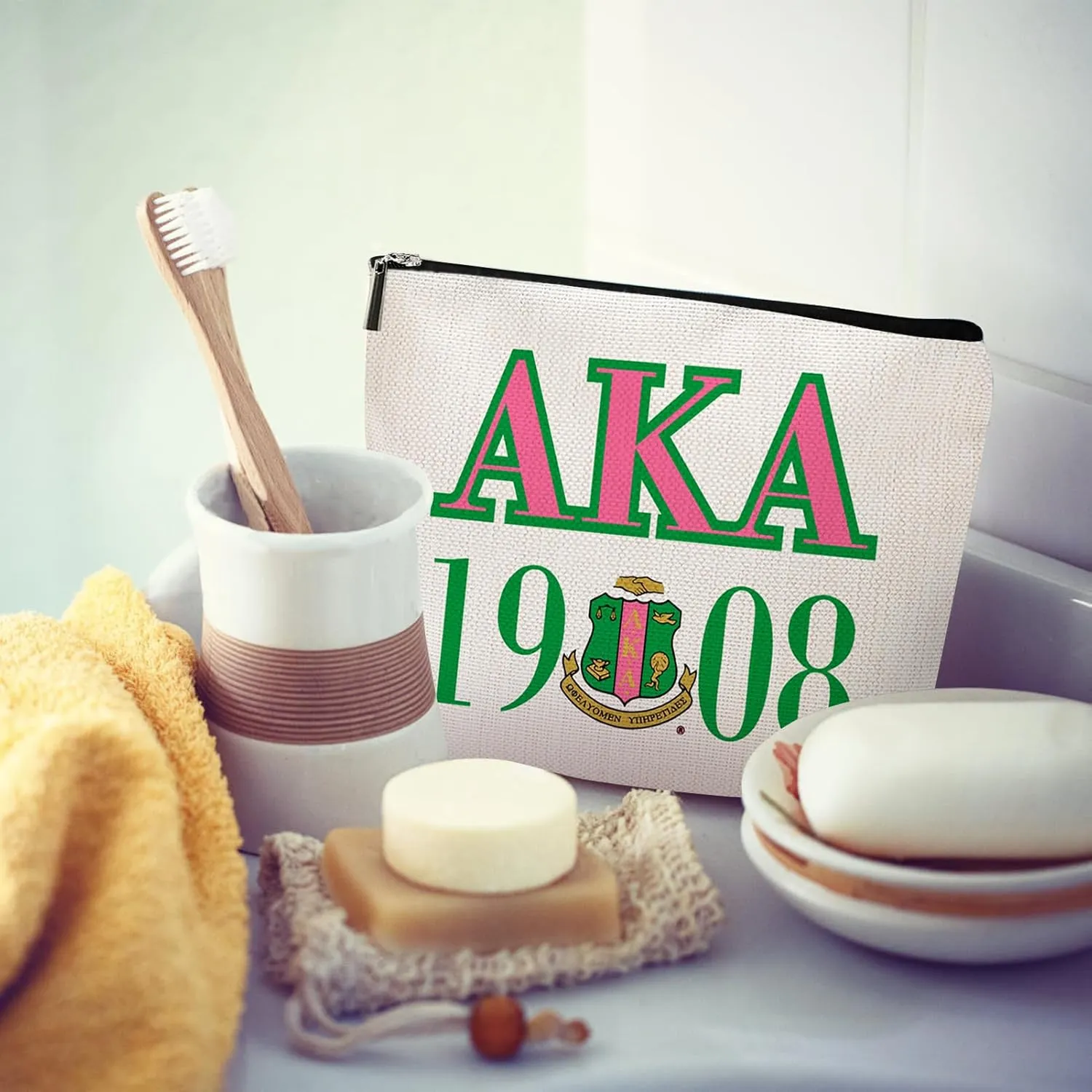 Sorority Gift Pink and Green Canvas Makeup Bags, AKA 1908 Cosmetic Organizer for Sisters & Friends Greek Sorority Paraphernalia