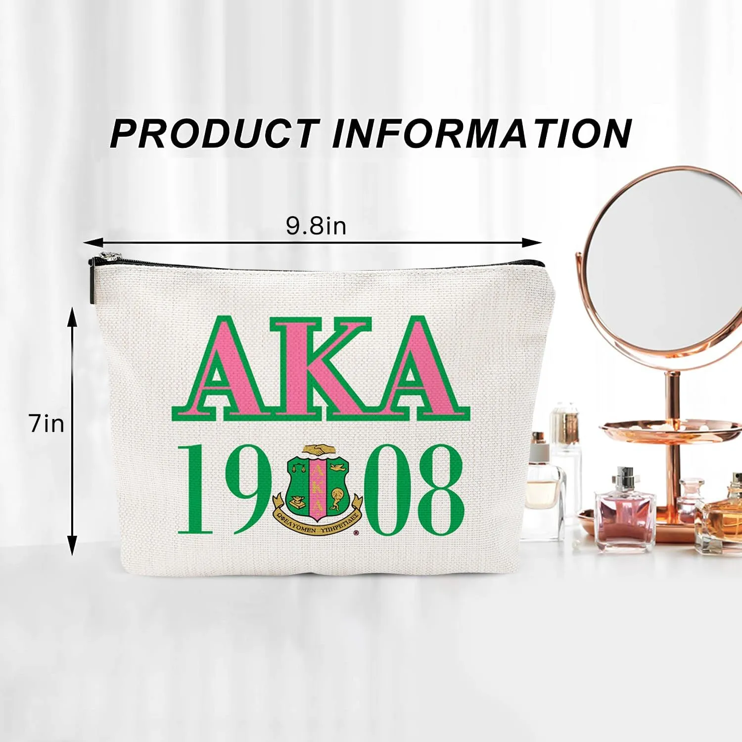 Sorority Gift Pink and Green Canvas Makeup Bags, AKA 1908 Cosmetic Organizer for Sisters & Friends Greek Sorority Paraphernalia