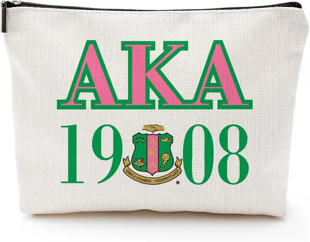 Sorority Gift Pink and Green Canvas Makeup Bags, AKA 1908 Cosmetic Organizer for Sisters & Friends Greek Sorority Paraphernalia