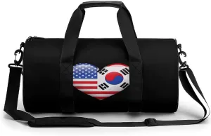 South Korea USA Flag Heart Gym Bag Lightweight Duffel Bag Workout Bag Overnight Backpack Travel Bags for Men Women, 17.7in/9in/9in, Style