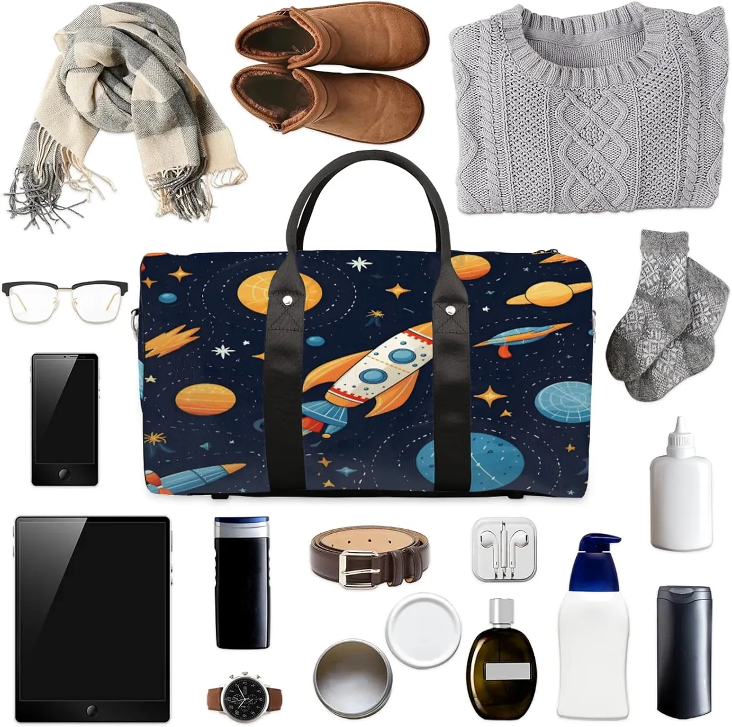 Space Rocket Galaxy Travel Bag for Men Women, Gym Duffle Bags for Travel, Carry On Luggage Bag, Weekender Overnight Workout Bags