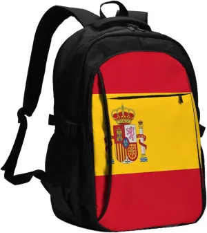 Spain Spanish Espana Flag Business Laptop Backpack Travel Backpacks Outdoor Rucksack Large Bag Daypack with USB Charging Port Multi-Pocket for Hiking Camping