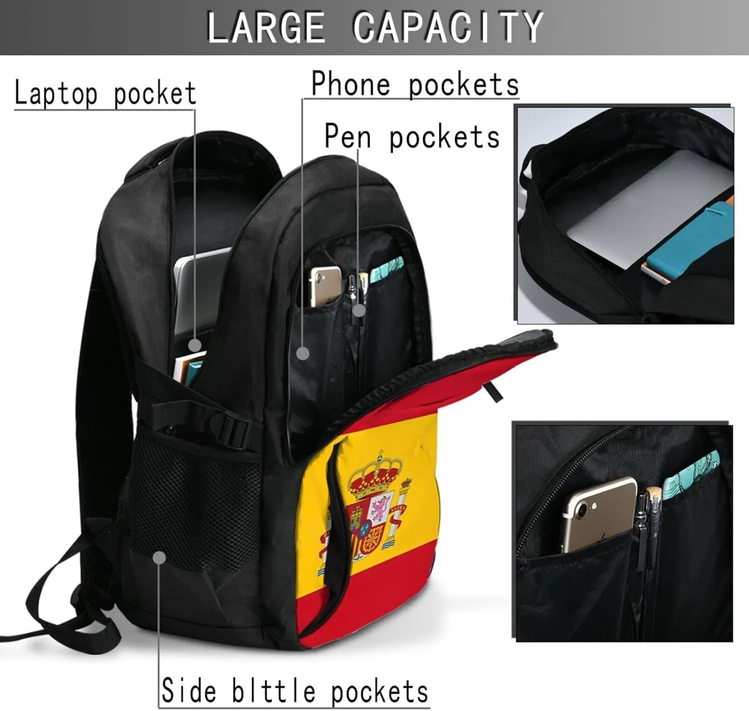 Spain Spanish Espana Flag Business Laptop Backpack Travel Backpacks Outdoor Rucksack Large Bag Daypack with USB Charging Port Multi-Pocket for Hiking Camping