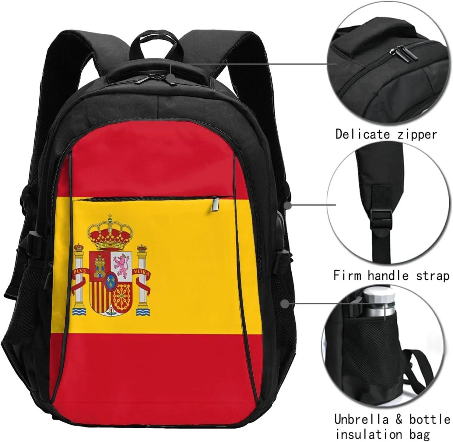 Spain Spanish Espana Flag Business Laptop Backpack Travel Backpacks Outdoor Rucksack Large Bag Daypack with USB Charging Port Multi-Pocket for Hiking Camping