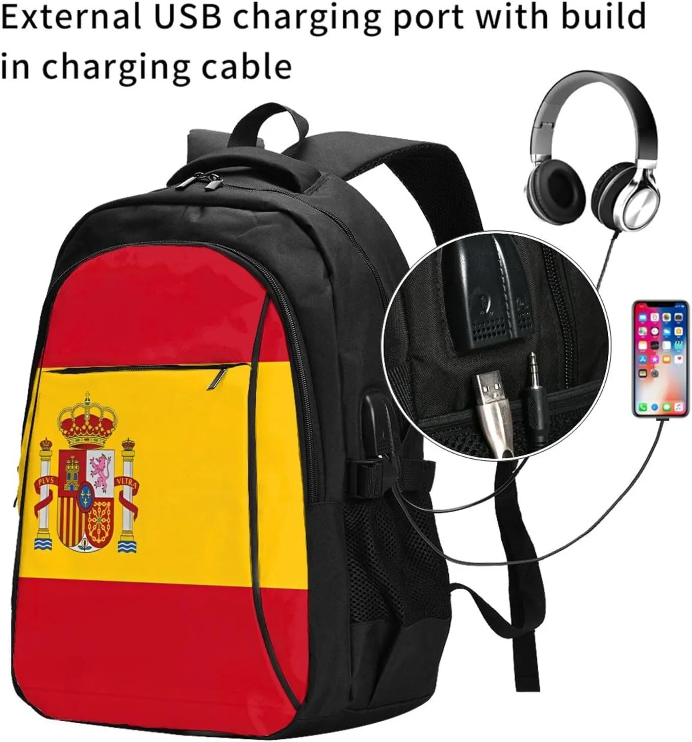 Spain Spanish Espana Flag Business Laptop Backpack Travel Backpacks Outdoor Rucksack Large Bag Daypack with USB Charging Port Multi-Pocket for Hiking Camping