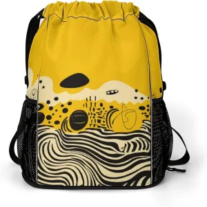 Sports Drawstring Backpack Lightweight Small Gym Bag Mustard Yellow And Black Gym Sackpack for Women Men