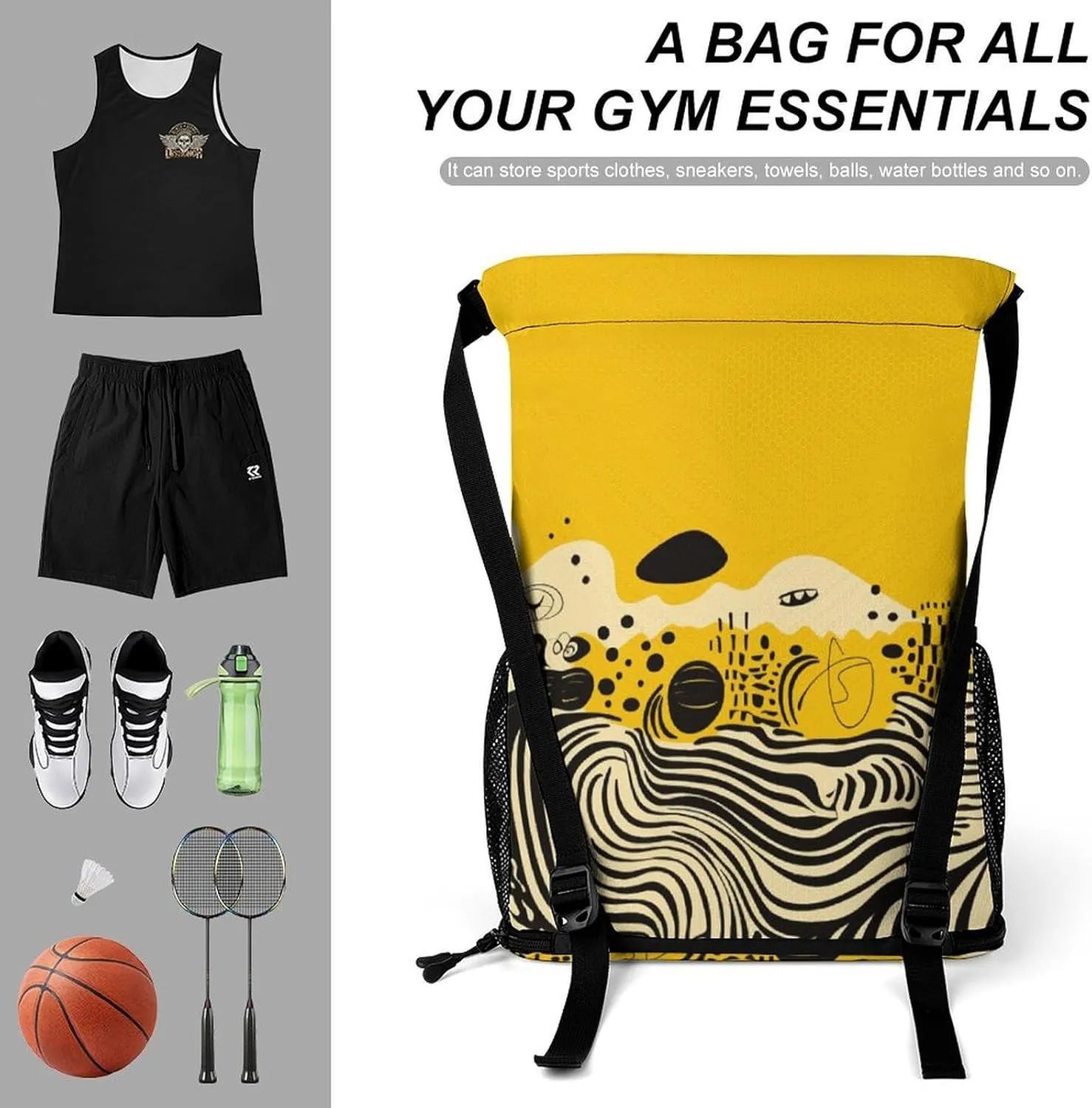 Sports Drawstring Backpack Lightweight Small Gym Bag Mustard Yellow And Black Gym Sackpack for Women Men