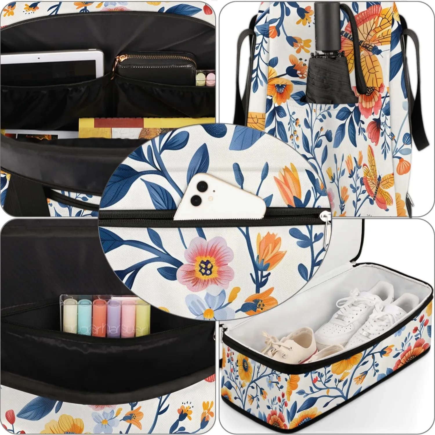 Sports Duffel Bag, Foldable Watercolor Floral Travel Duffel Bag, Gym Yoga Beach Bag Weekender Overnight Bag with Shoes Compartment for Men Women, Spring Summer Flower Butterfly