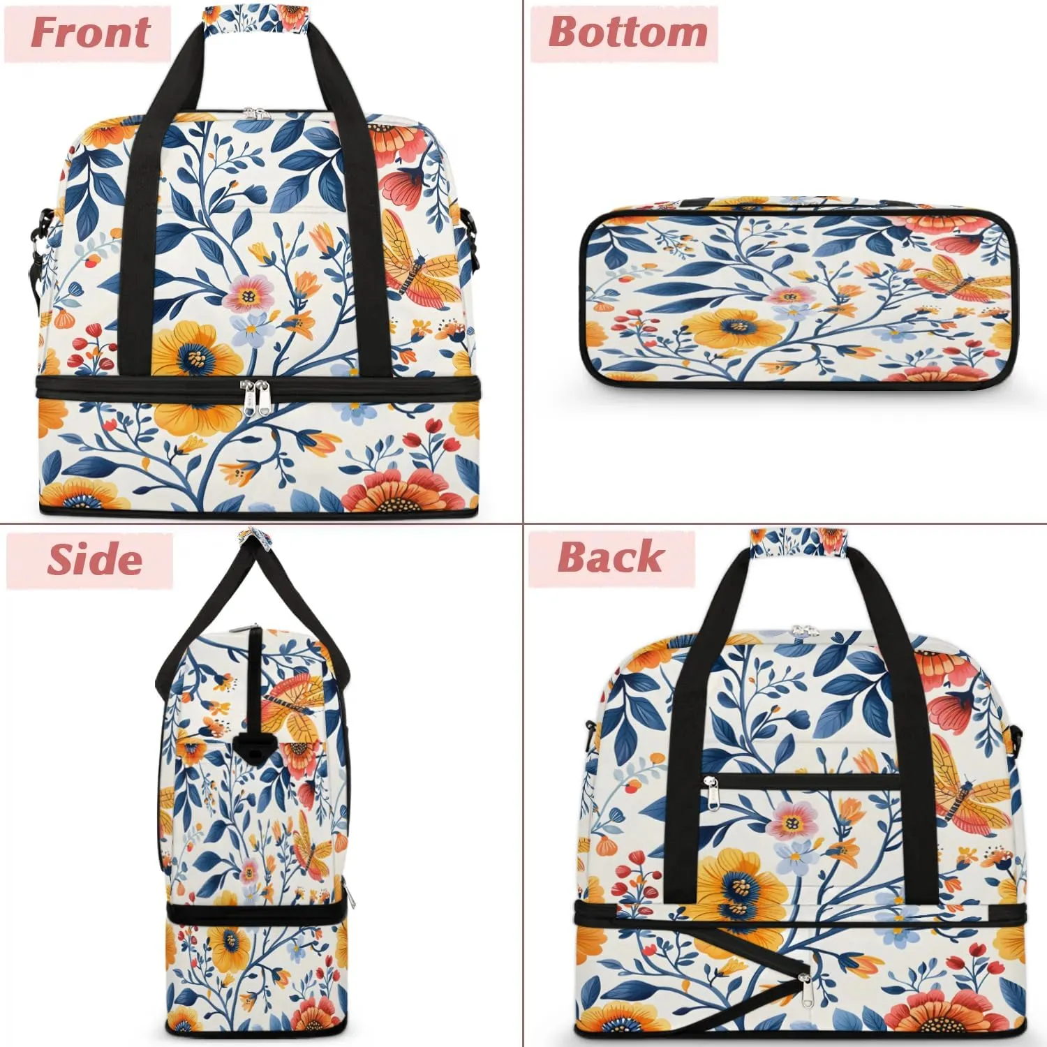 Sports Duffel Bag, Foldable Watercolor Floral Travel Duffel Bag, Gym Yoga Beach Bag Weekender Overnight Bag with Shoes Compartment for Men Women, Spring Summer Flower Butterfly