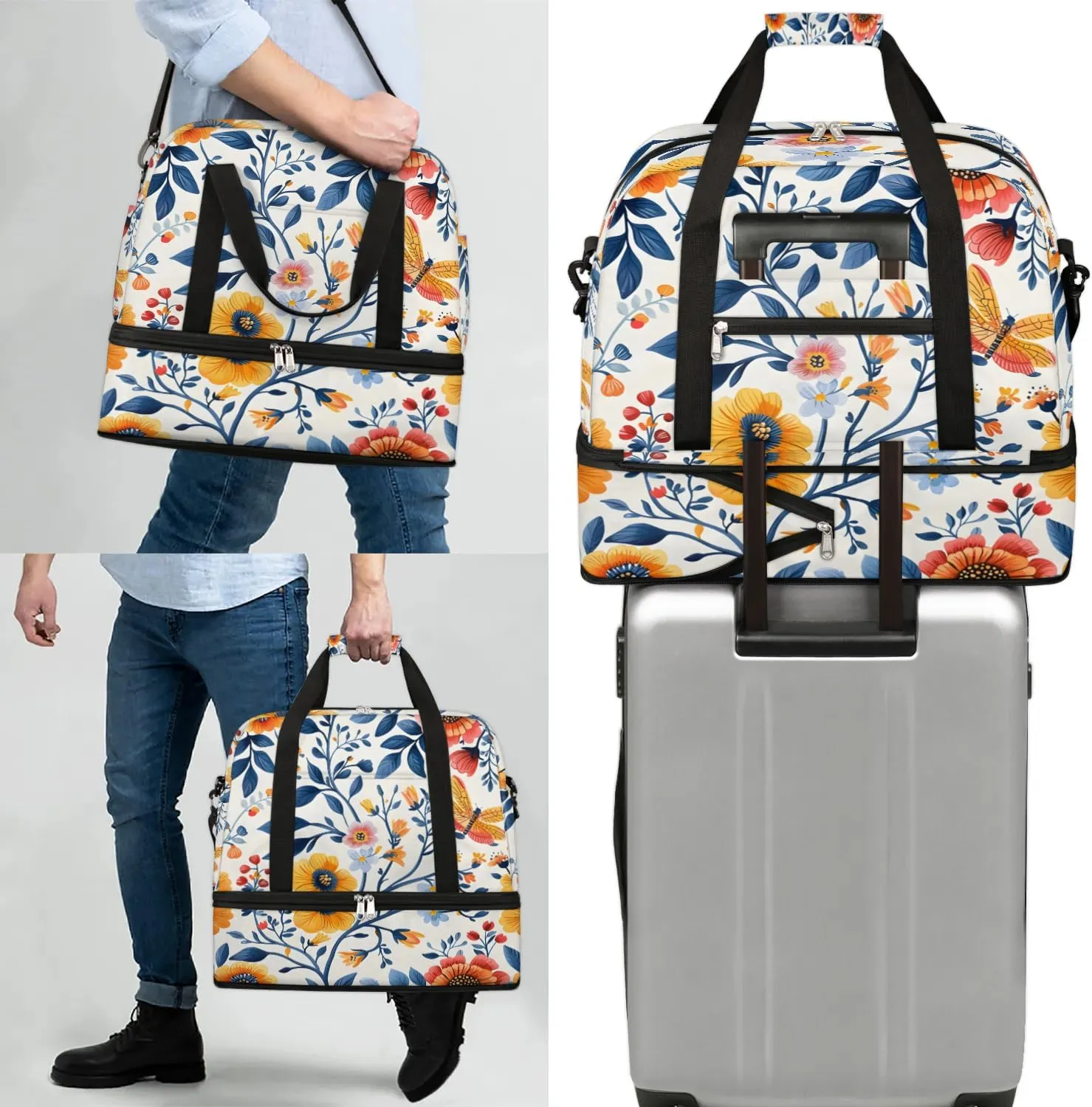 Sports Duffel Bag, Foldable Watercolor Floral Travel Duffel Bag, Gym Yoga Beach Bag Weekender Overnight Bag with Shoes Compartment for Men Women, Spring Summer Flower Butterfly