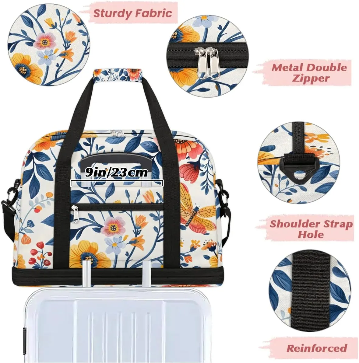 Sports Duffel Bag, Foldable Watercolor Floral Travel Duffel Bag, Gym Yoga Beach Bag Weekender Overnight Bag with Shoes Compartment for Men Women, Spring Summer Flower Butterfly