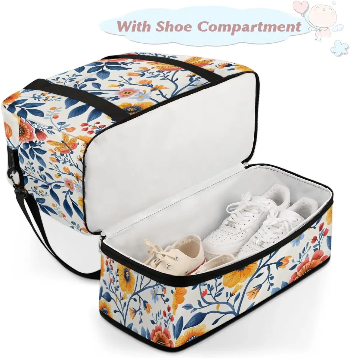 Sports Duffel Bag, Foldable Watercolor Floral Travel Duffel Bag, Gym Yoga Beach Bag Weekender Overnight Bag with Shoes Compartment for Men Women, Spring Summer Flower Butterfly