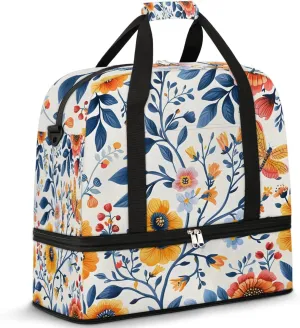 Sports Duffel Bag, Foldable Watercolor Floral Travel Duffel Bag, Gym Yoga Beach Bag Weekender Overnight Bag with Shoes Compartment for Men Women, Spring Summer Flower Butterfly