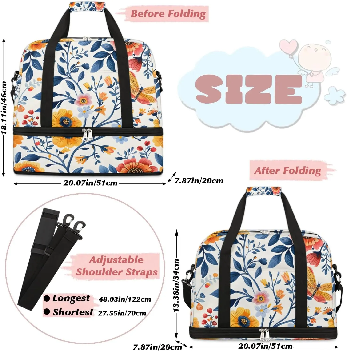 Sports Duffel Bag, Foldable Watercolor Floral Travel Duffel Bag, Gym Yoga Beach Bag Weekender Overnight Bag with Shoes Compartment for Men Women, Spring Summer Flower Butterfly