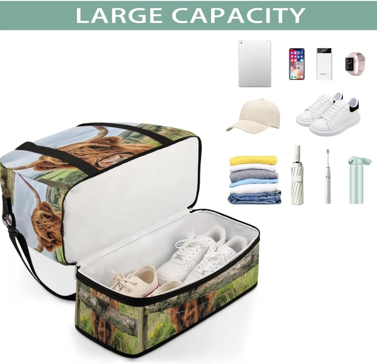 Sports Gym Bag Alpine Cattle Landscape Large Travel Duffel Bag With Shoe Compartment Foldable Waterproof Carry-On Weekend Travel Bags for Camping Overnight Yoga Hospital Travel Bags