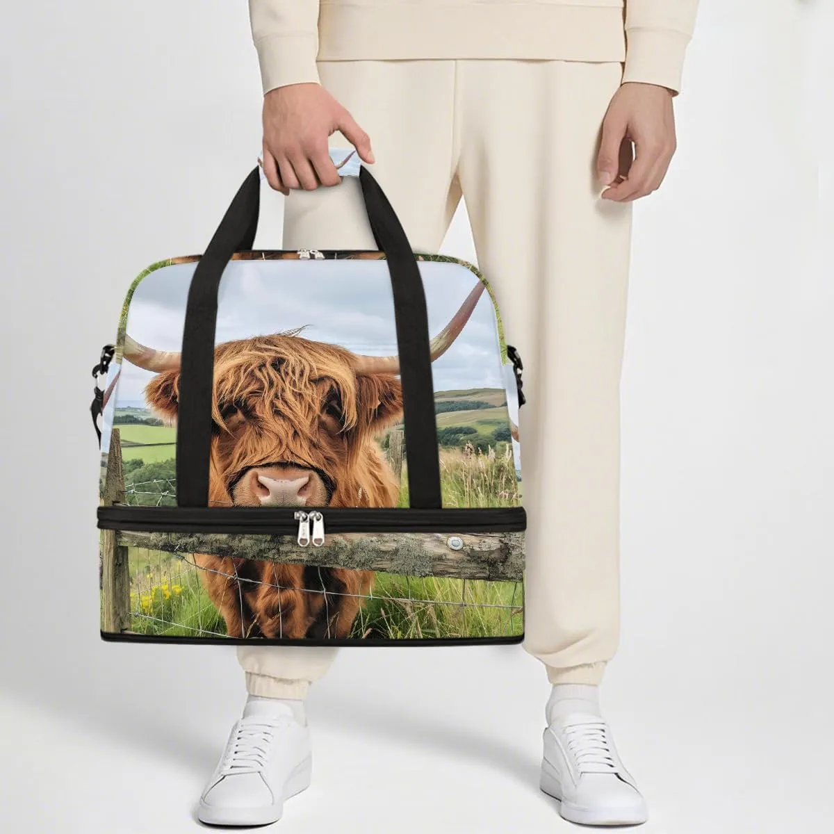 Sports Gym Bag Alpine Cattle Landscape Large Travel Duffel Bag With Shoe Compartment Foldable Waterproof Carry-On Weekend Travel Bags for Camping Overnight Yoga Hospital Travel Bags