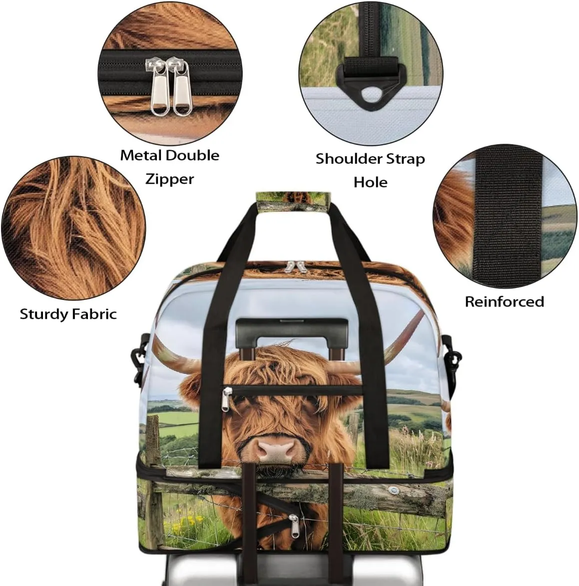 Sports Gym Bag Alpine Cattle Landscape Large Travel Duffel Bag With Shoe Compartment Foldable Waterproof Carry-On Weekend Travel Bags for Camping Overnight Yoga Hospital Travel Bags